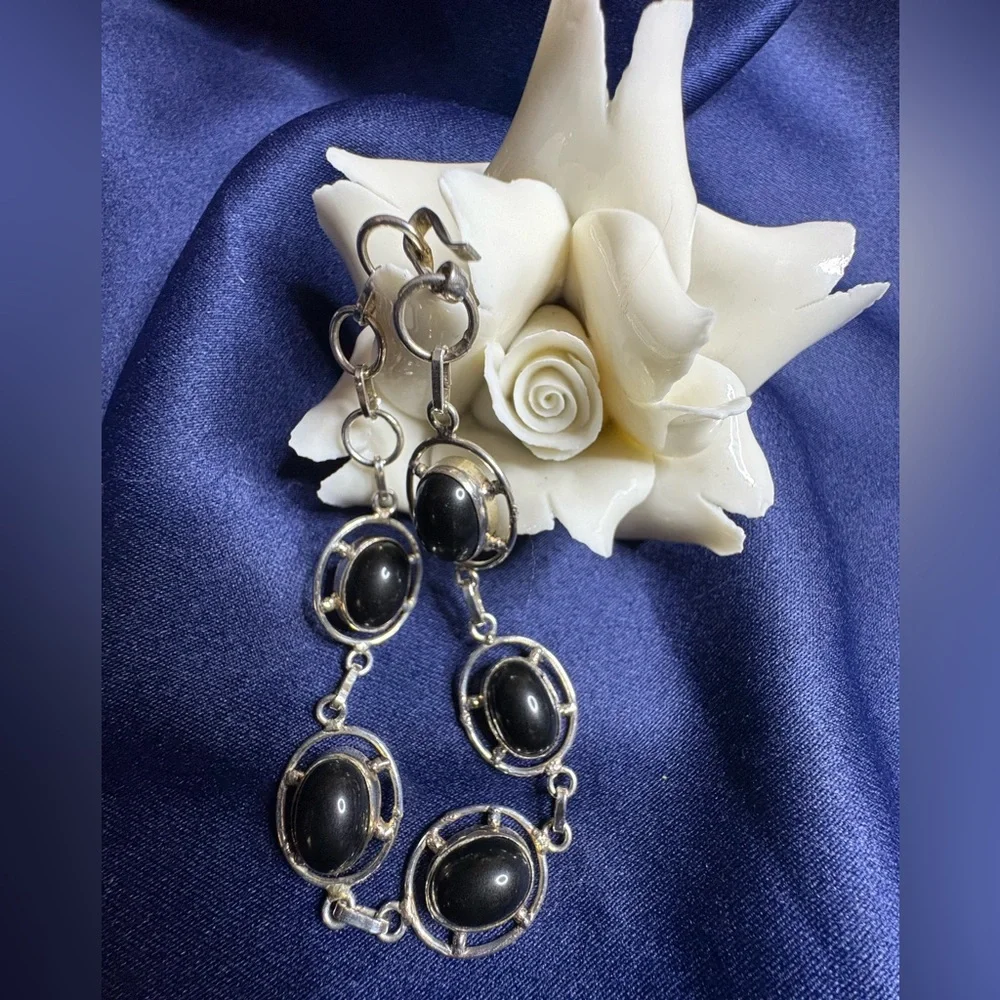 Bracelet 925 Sterling Silver Cabochon Black Onyx Gemstones Large Link Hook Clasp